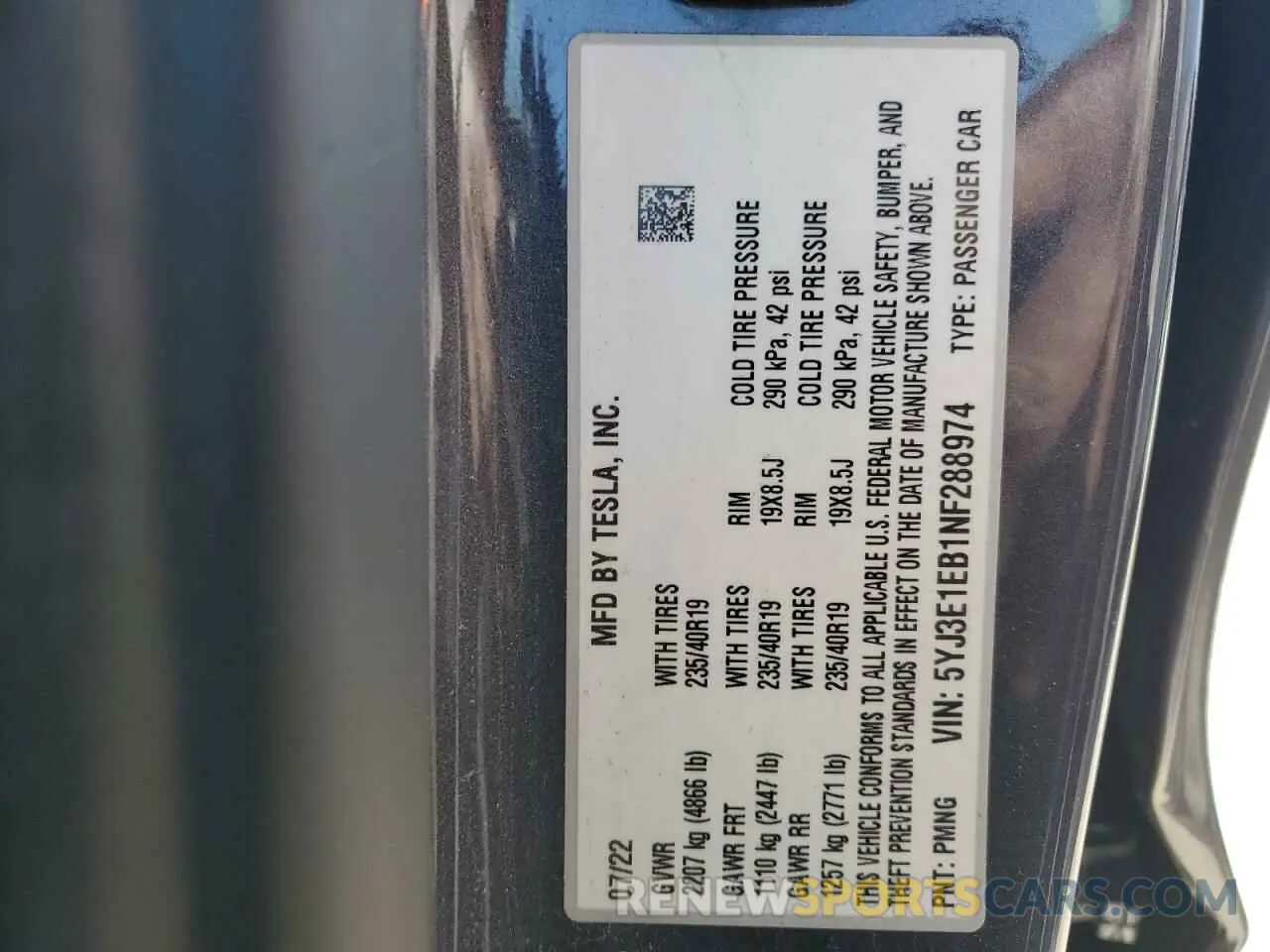12 fotografías del automóvil dañado 5YJ3E1EB1NF288974 TESLA MODEL 3 2022