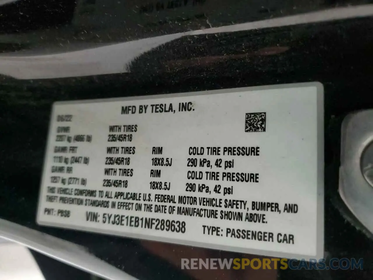 12 fotografías del automóvil dañado 5YJ3E1EB1NF289638 TESLA MODEL 3 2022