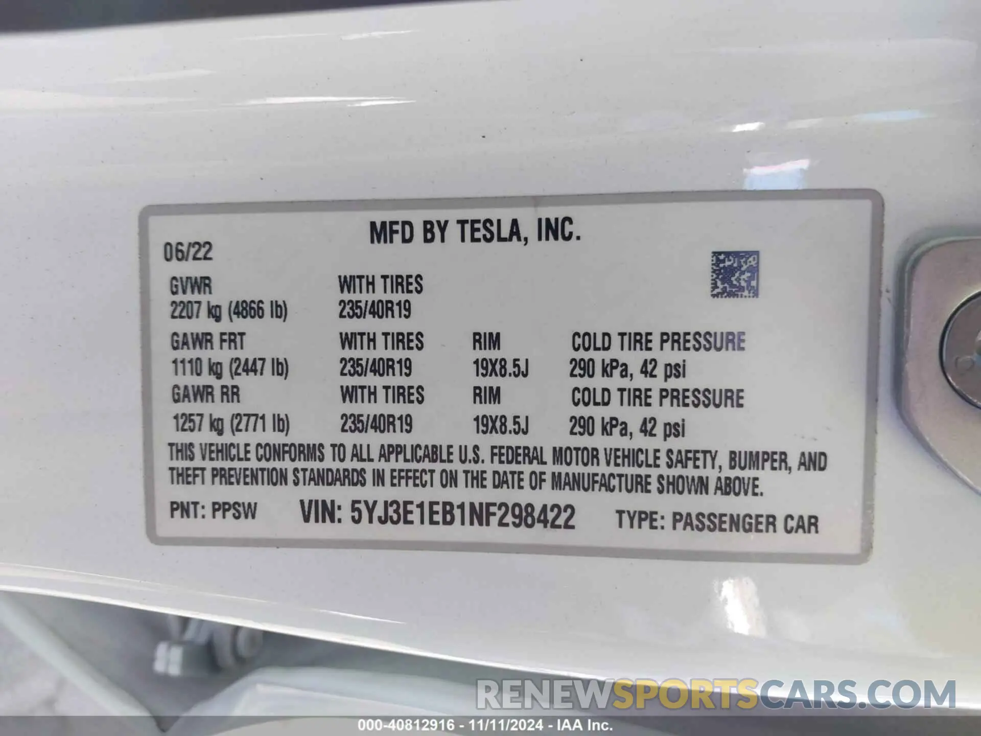 9 fotografías del automóvil dañado 5YJ3E1EB1NF298422 TESLA MODEL 3 2022