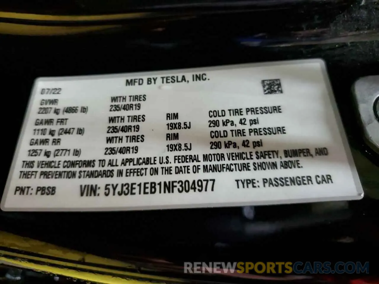 12 fotografías del automóvil dañado 5YJ3E1EB1NF304977 TESLA MODEL 3 2022