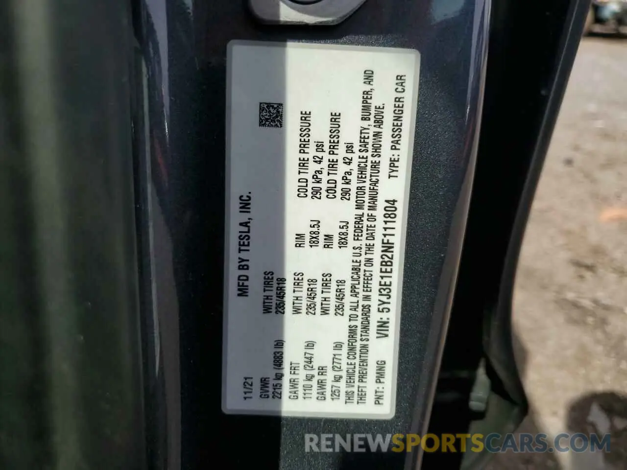 12 fotografías del automóvil dañado 5YJ3E1EB2NF111804 TESLA MODEL 3 2022
