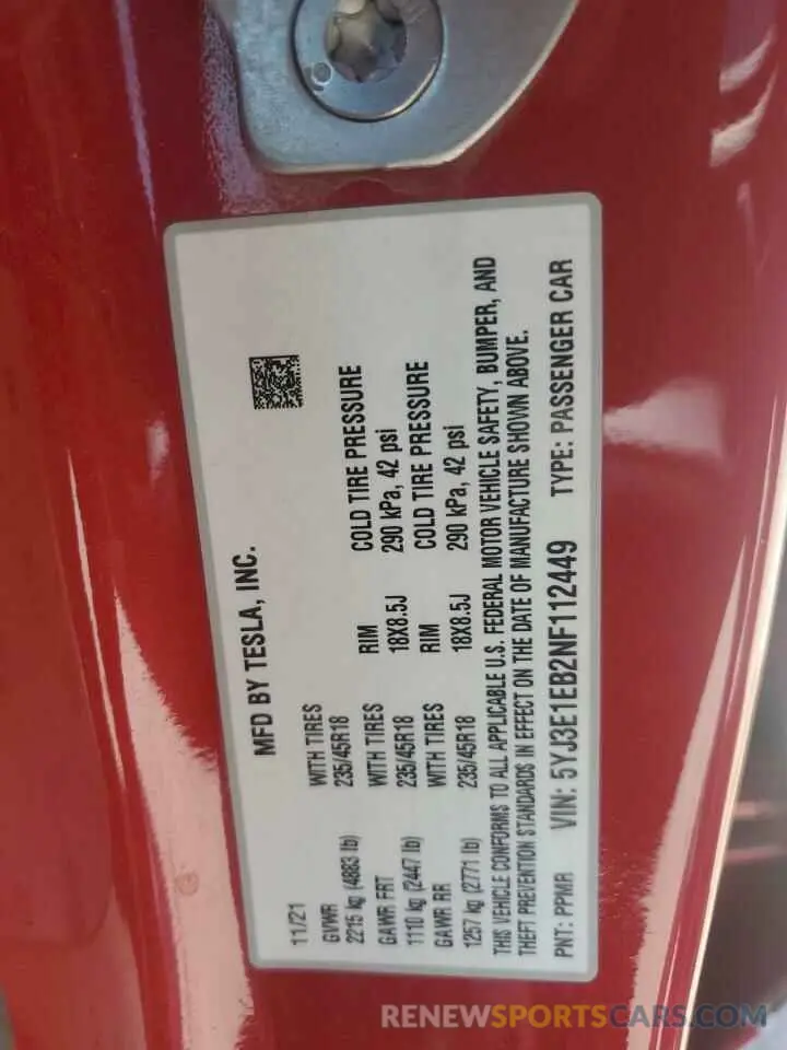 12 fotografías del automóvil dañado 5YJ3E1EB2NF112449 TESLA MODEL 3 2022