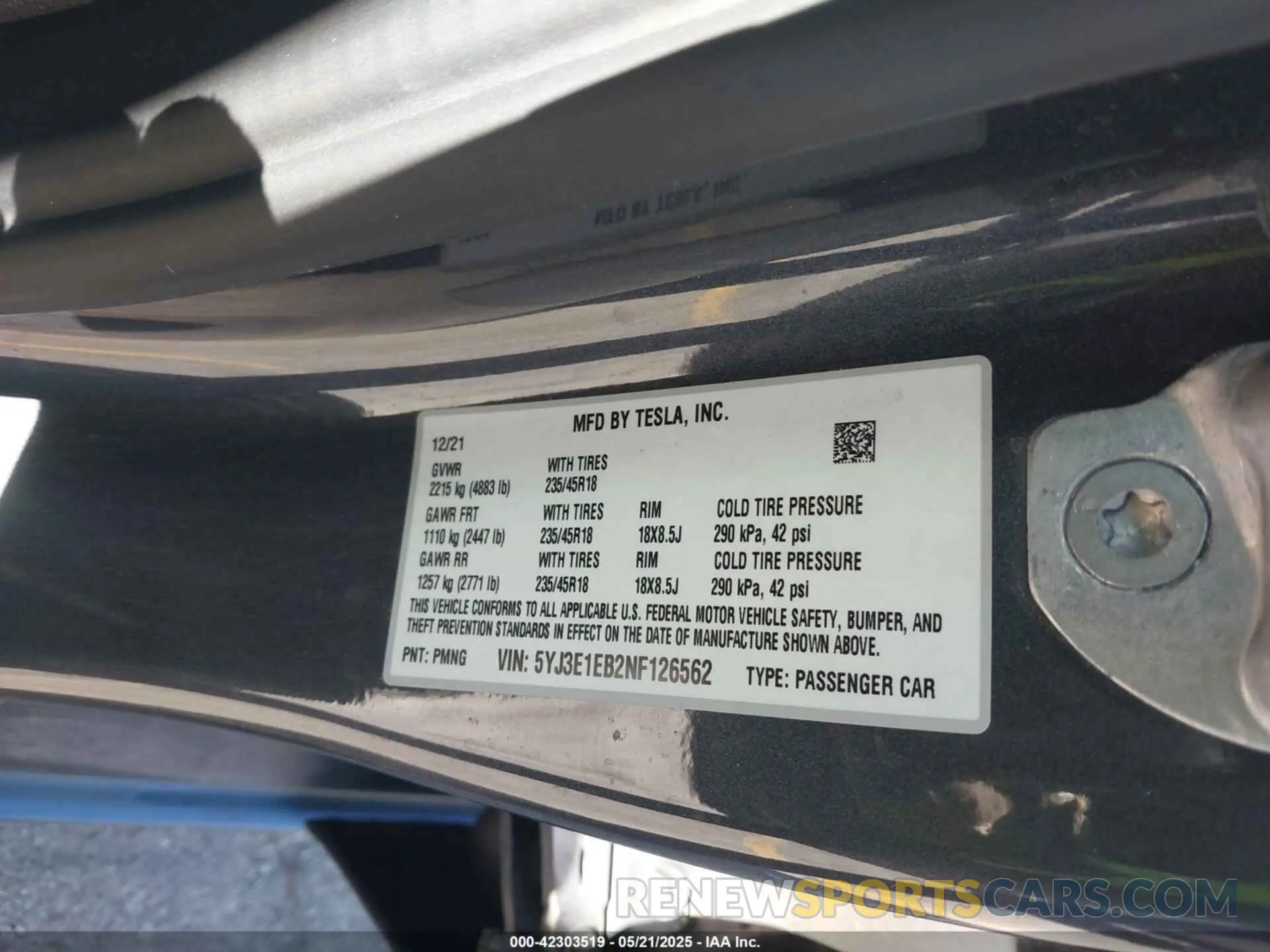 9 fotografías del automóvil dañado 5YJ3E1EB2NF126562 TESLA MODEL 3 2022