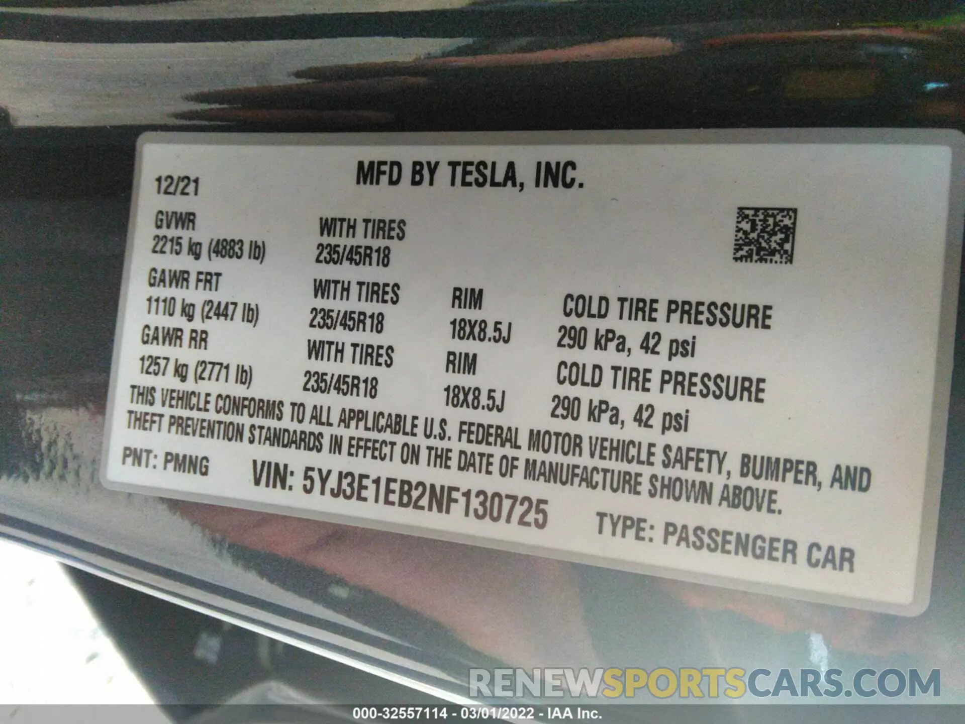 9 fotografías del automóvil dañado 5YJ3E1EB2NF130725 TESLA MODEL 3 2022