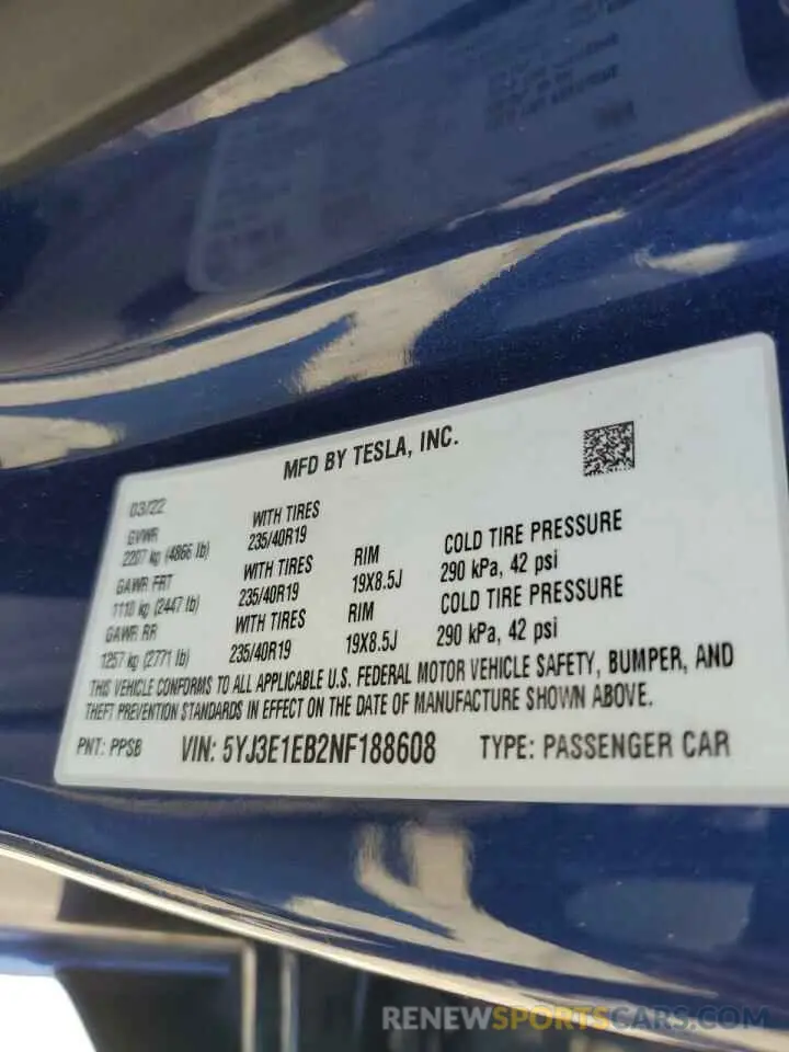 13 fotografías del automóvil dañado 5YJ3E1EB2NF188608 TESLA MODEL 3 2022