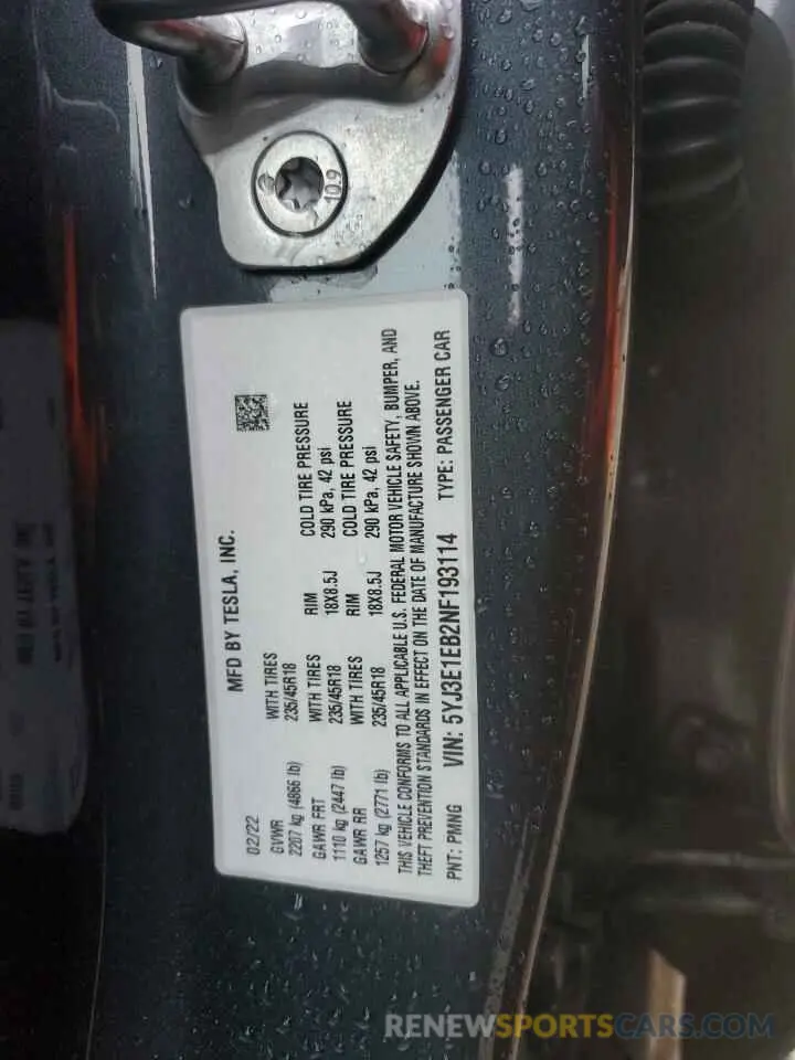 12 fotografías del automóvil dañado 5YJ3E1EB2NF193114 TESLA MODEL 3 2022