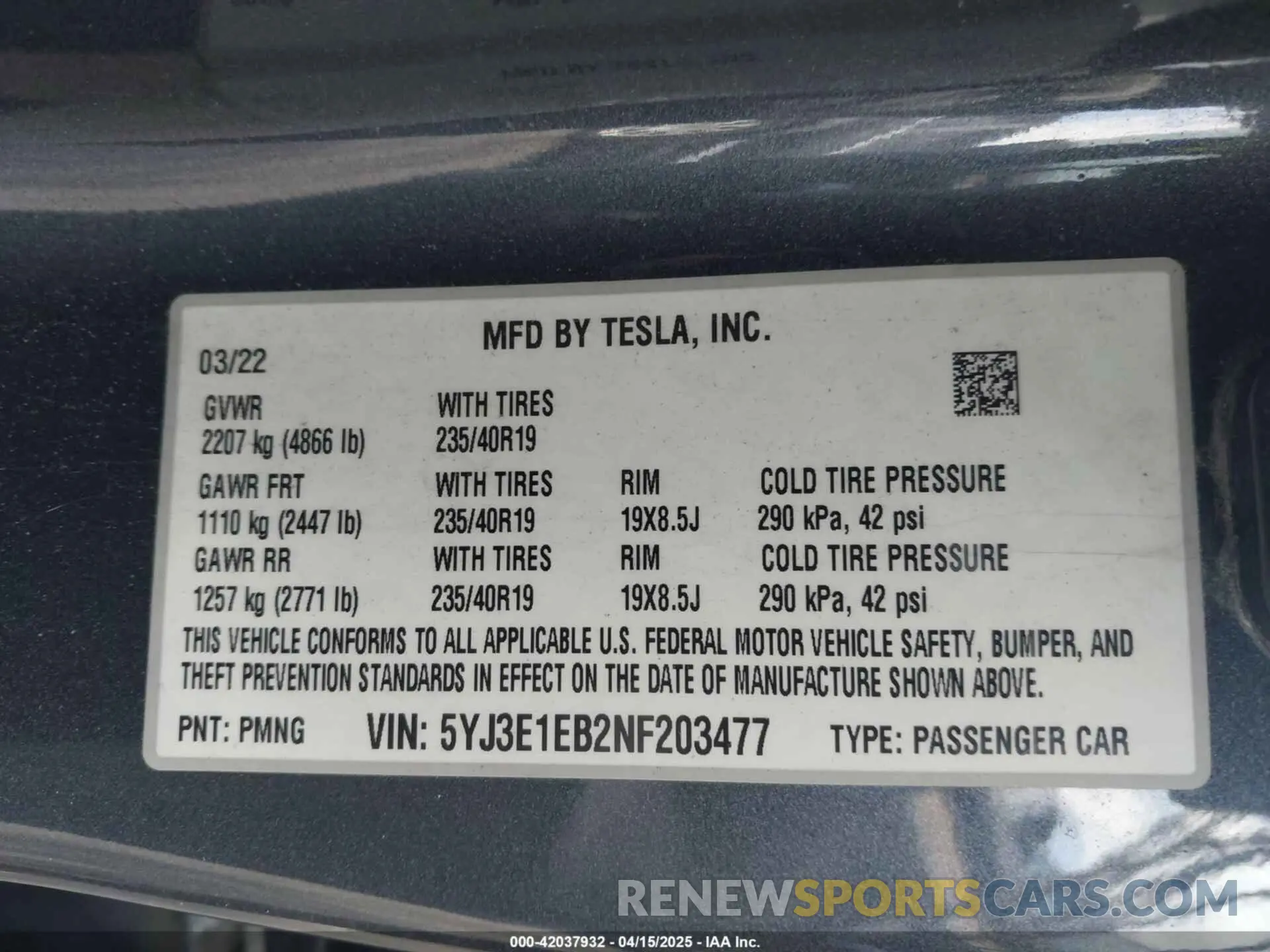 9 fotografías del automóvil dañado 5YJ3E1EB2NF203477 TESLA MODEL 3 2022