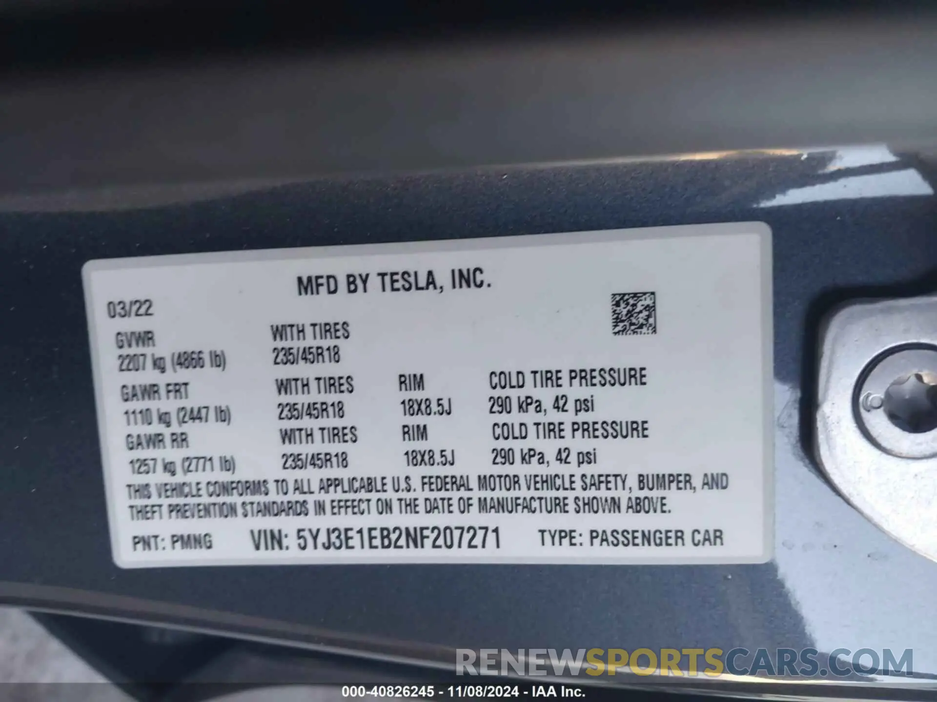 9 fotografías del automóvil dañado 5YJ3E1EB2NF207271 TESLA MODEL 3 2022