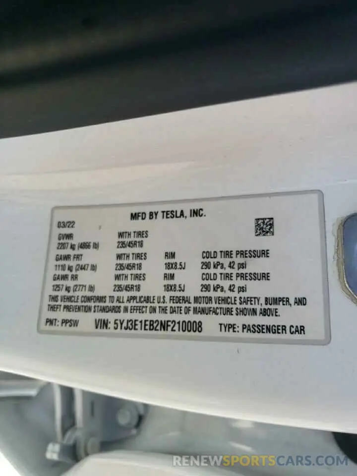 14 fotografías del automóvil dañado 5YJ3E1EB2NF210008 TESLA MODEL 3 2022