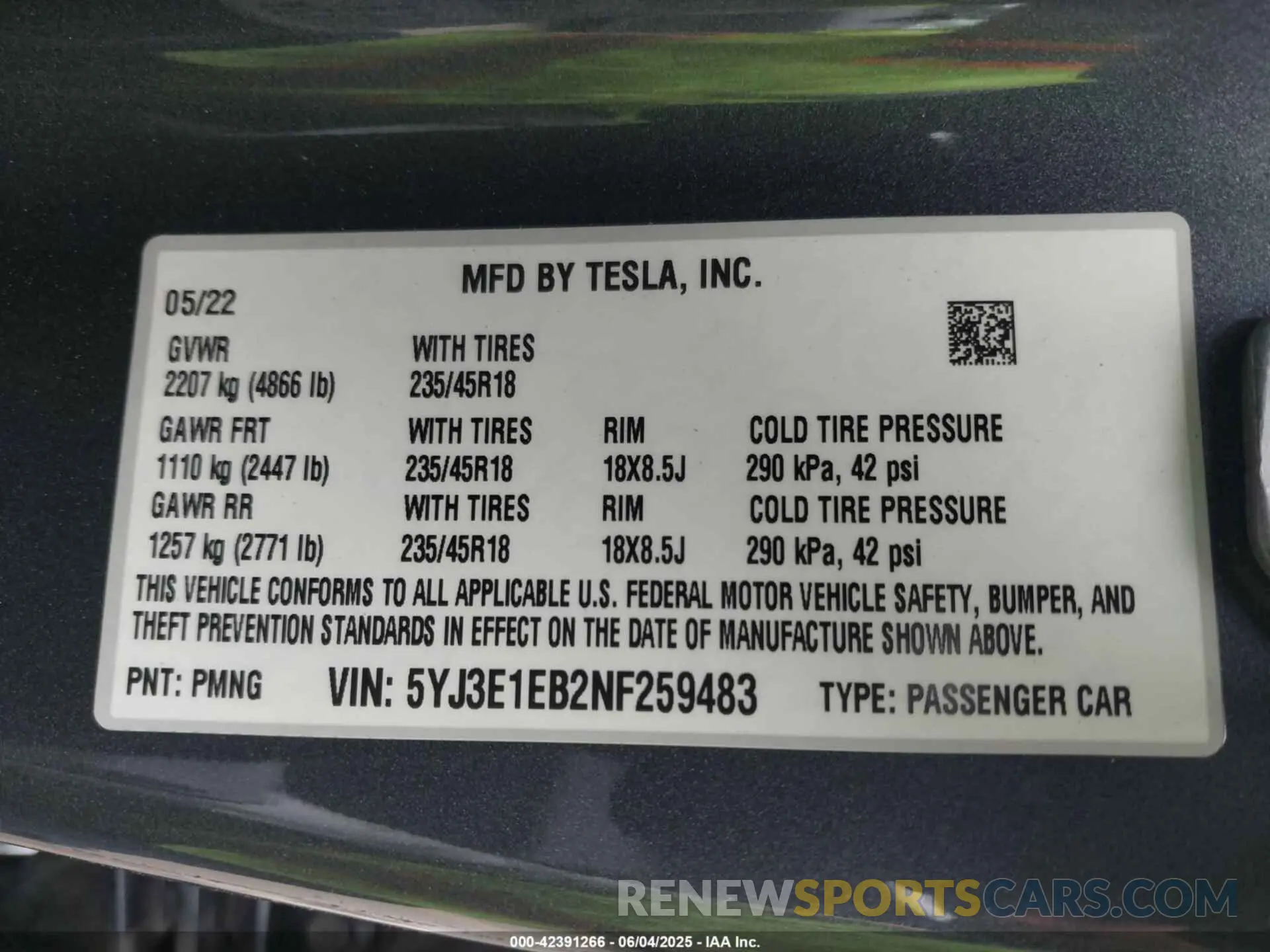 9 fotografías del automóvil dañado 5YJ3E1EB2NF259483 TESLA MODEL 3 2022