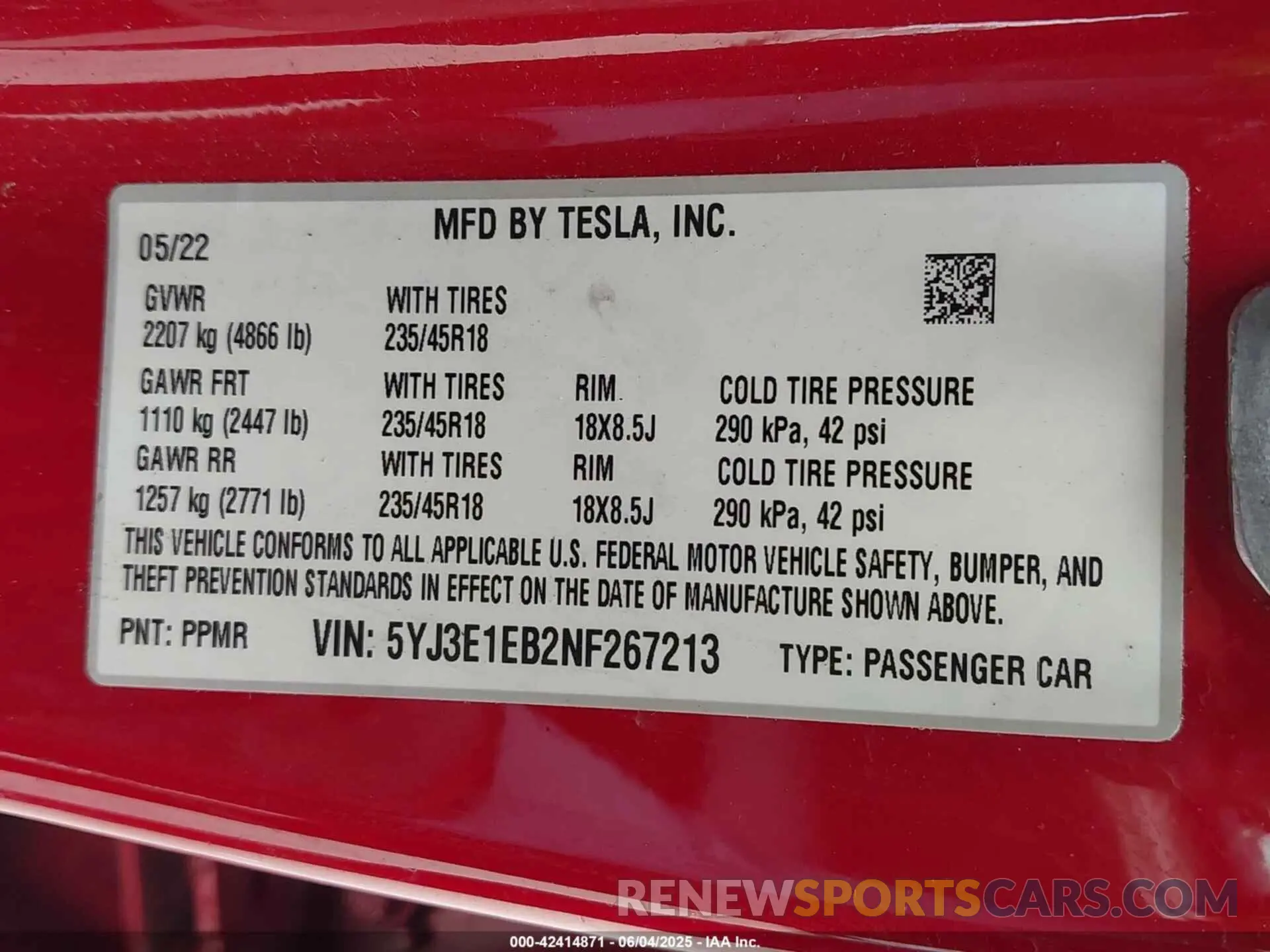 9 fotografías del automóvil dañado 5YJ3E1EB2NF267213 TESLA MODEL 3 2022