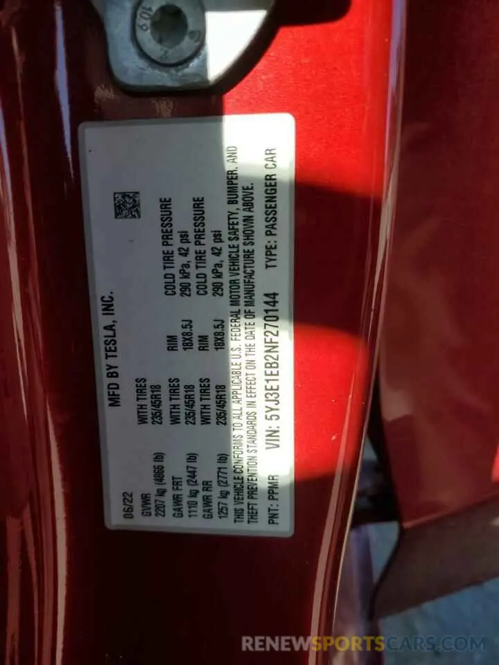 14 fotografías del automóvil dañado 5YJ3E1EB2NF270144 TESLA MODEL 3 2022