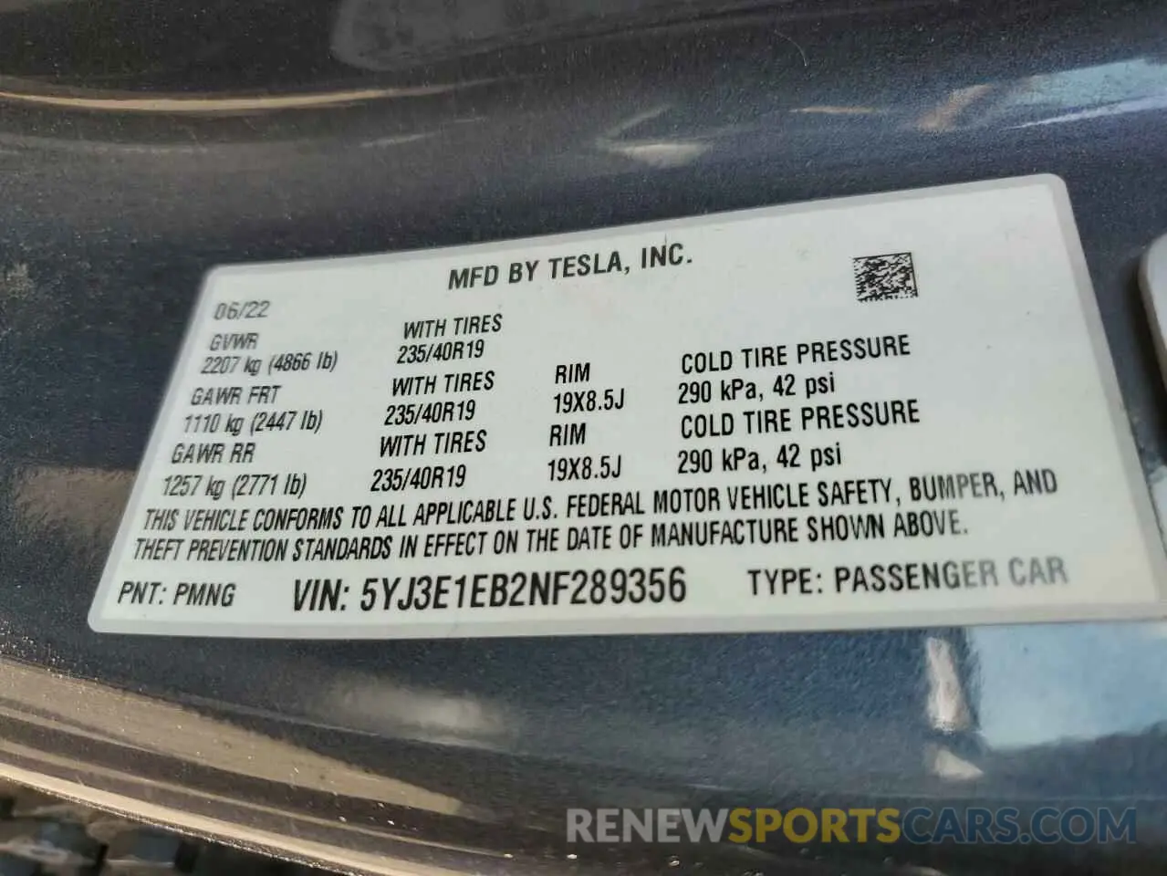 12 fotografías del automóvil dañado 5YJ3E1EB2NF289356 TESLA MODEL 3 2022