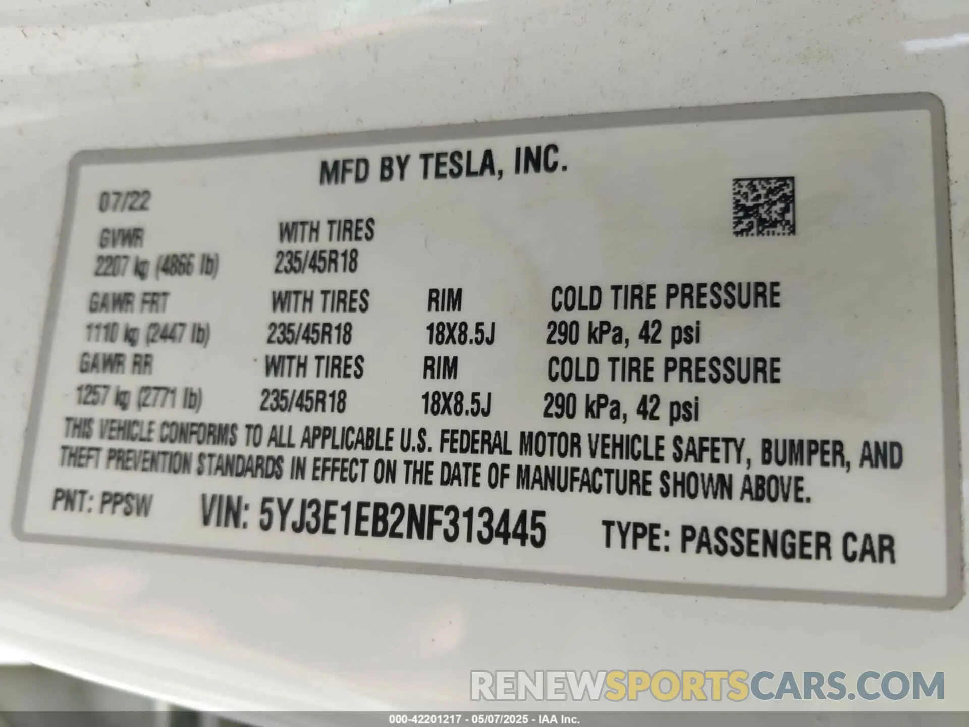 9 fotografías del automóvil dañado 5YJ3E1EB2NF313445 TESLA MODEL 3 2022