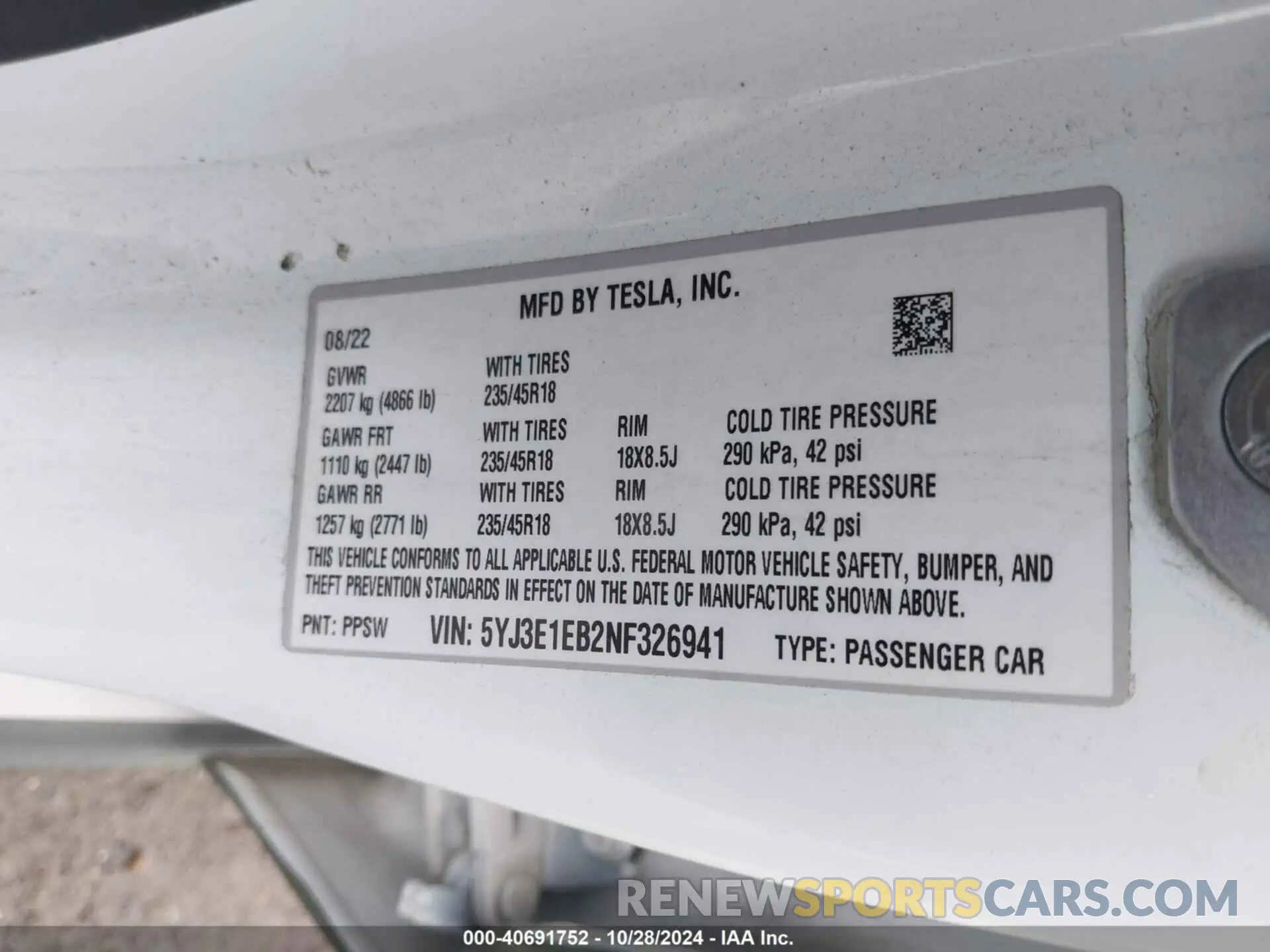 9 fotografías del automóvil dañado 5YJ3E1EB2NF326941 TESLA MODEL 3 2022