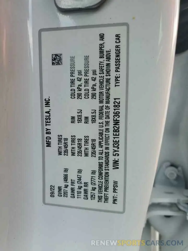 12 fotografías del automóvil dañado 5YJ3E1EB2NF361821 TESLA MODEL 3 2022