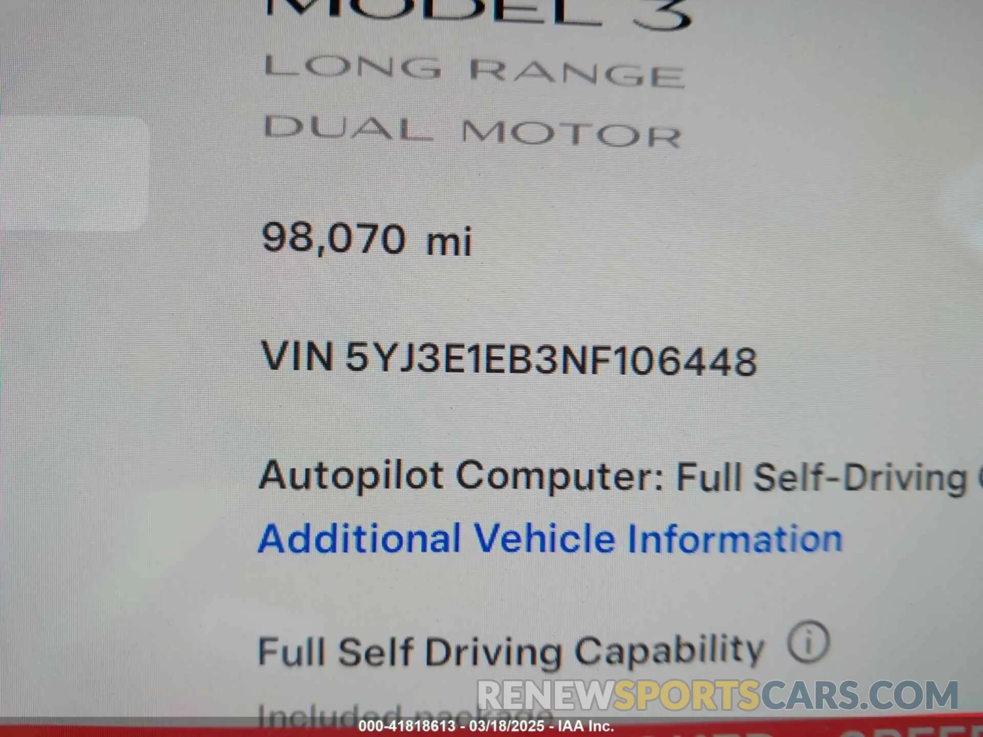 16 fotografías del automóvil dañado 5YJ3E1EB3NF106448 TESLA MODEL 3 2022
