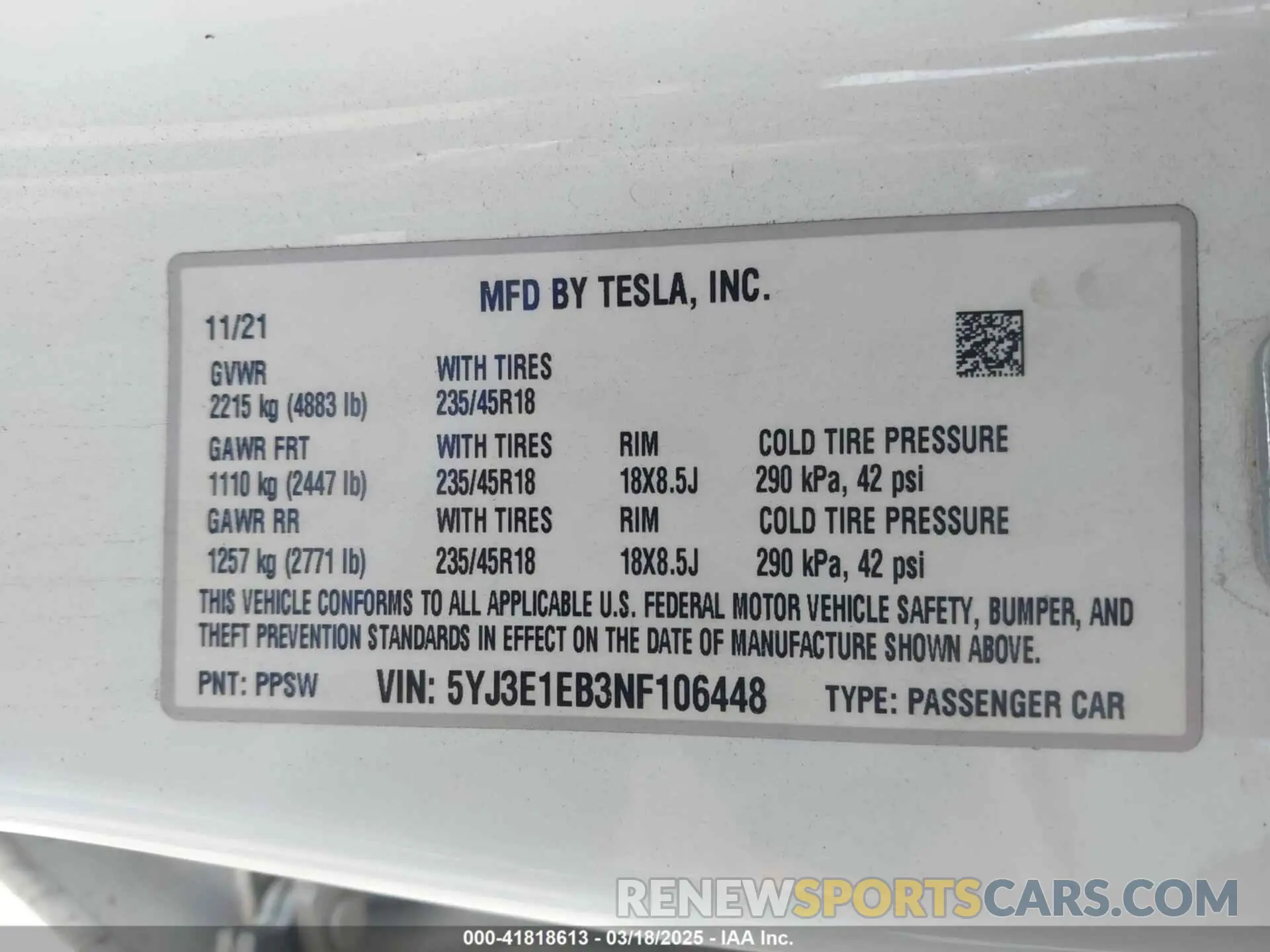 9 fotografías del automóvil dañado 5YJ3E1EB3NF106448 TESLA MODEL 3 2022