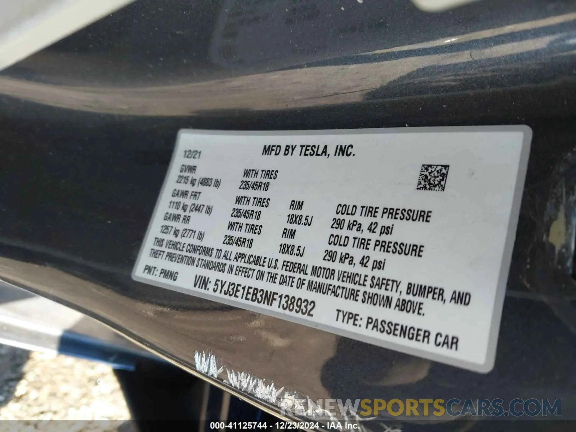 9 fotografías del automóvil dañado 5YJ3E1EB3NF138932 TESLA MODEL 3 2022