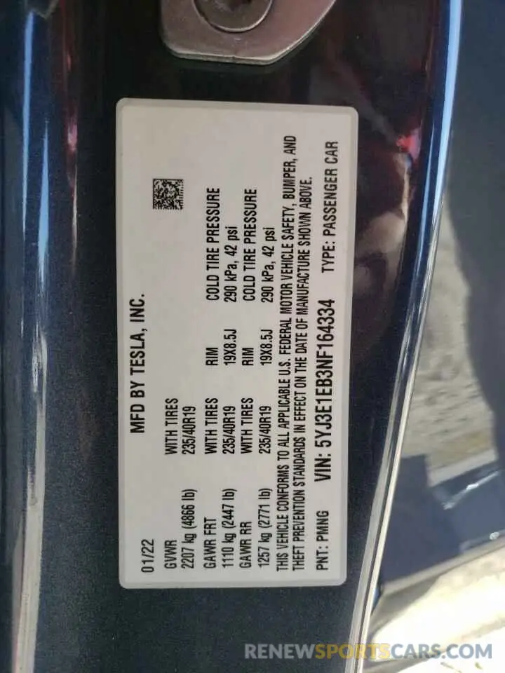 10 fotografías del automóvil dañado 5YJ3E1EB3NF164334 TESLA MODEL 3 2022