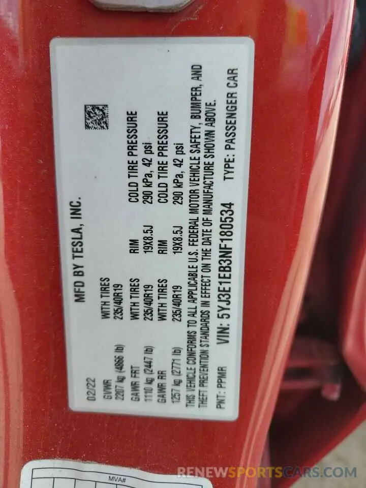 12 fotografías del automóvil dañado 5YJ3E1EB3NF180534 TESLA MODEL 3 2022