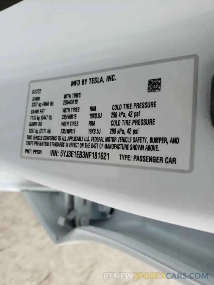 10 fotografías del automóvil dañado 5YJ3E1EB3NF181621 TESLA MODEL 3 2022