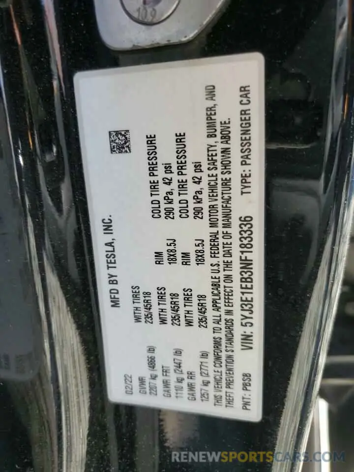 12 fotografías del automóvil dañado 5YJ3E1EB3NF183336 TESLA MODEL 3 2022