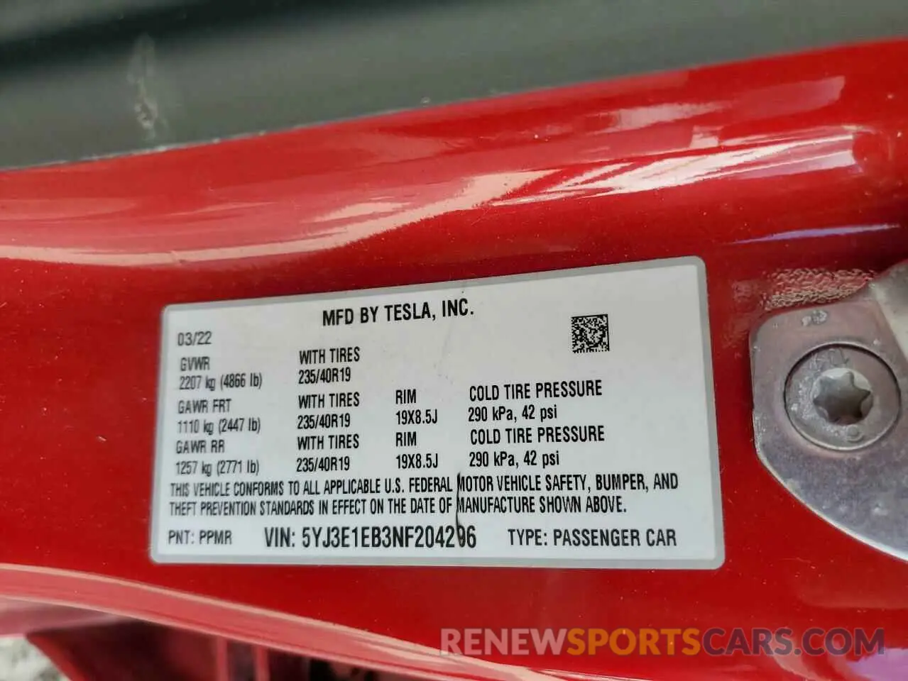 12 fotografías del automóvil dañado 5YJ3E1EB3NF204296 TESLA MODEL 3 2022