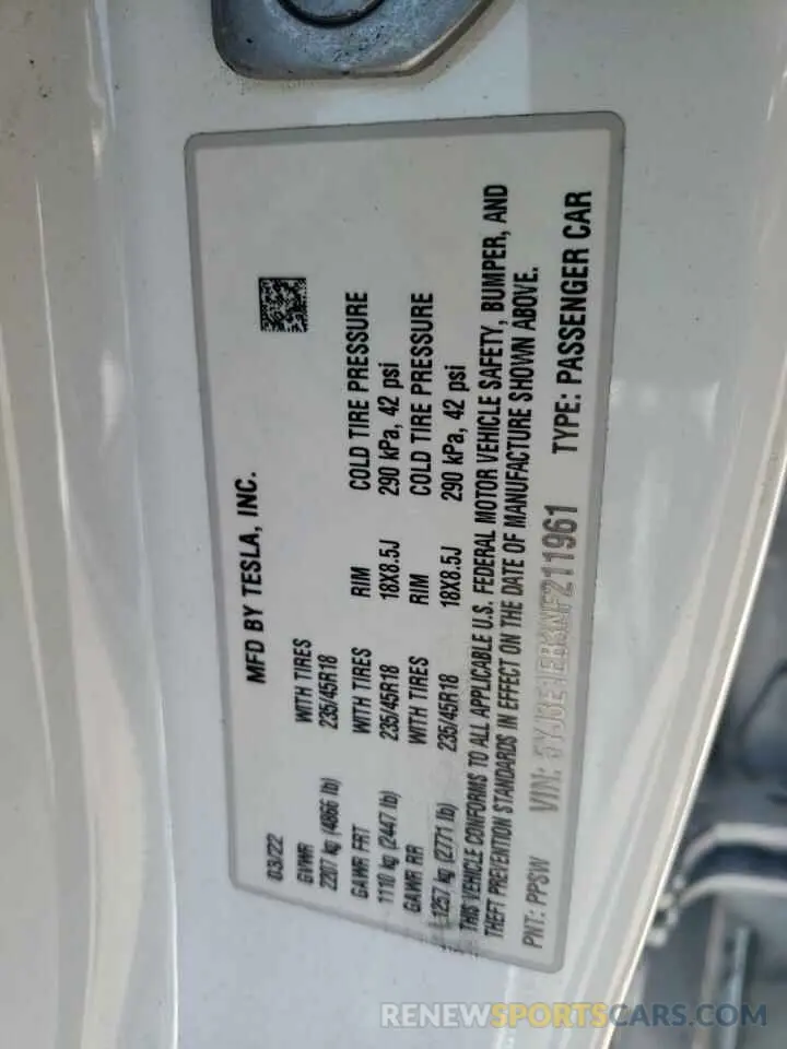 12 fotografías del automóvil dañado 5YJ3E1EB3NF211961 TESLA MODEL 3 2022