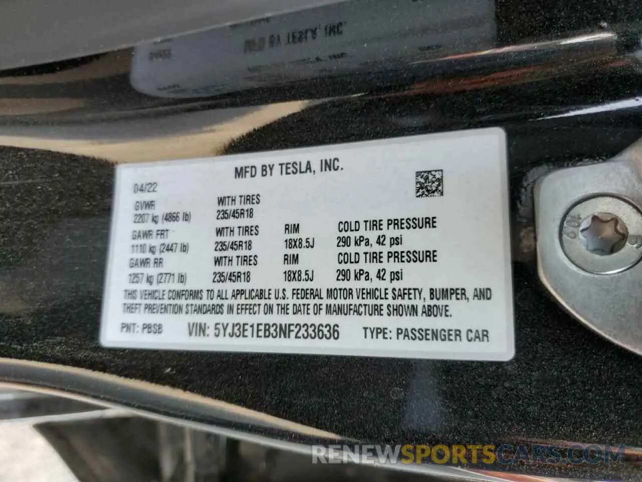 10 fotografías del automóvil dañado 5YJ3E1EB3NF233636 TESLA MODEL 3 2022