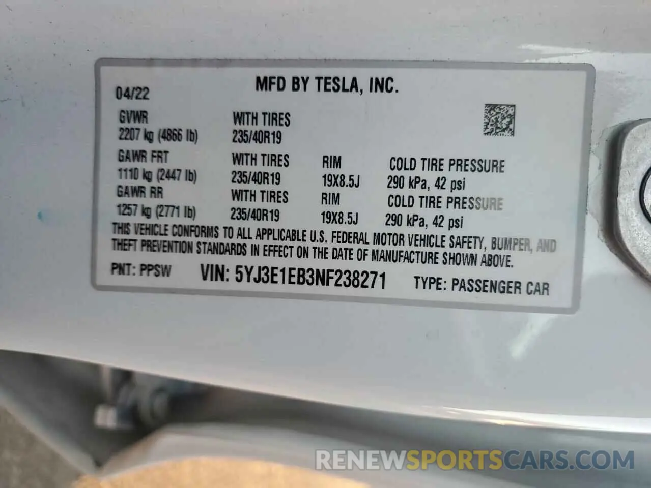12 fotografías del automóvil dañado 5YJ3E1EB3NF238271 TESLA MODEL 3 2022