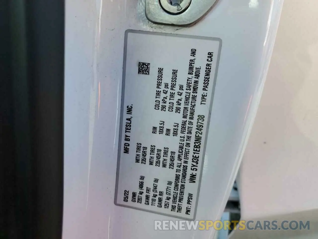 15 fotografías del automóvil dañado 5YJ3E1EB3NF249738 TESLA MODEL 3 2022