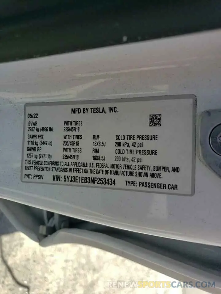 12 fotografías del automóvil dañado 5YJ3E1EB3NF253434 TESLA MODEL 3 2022