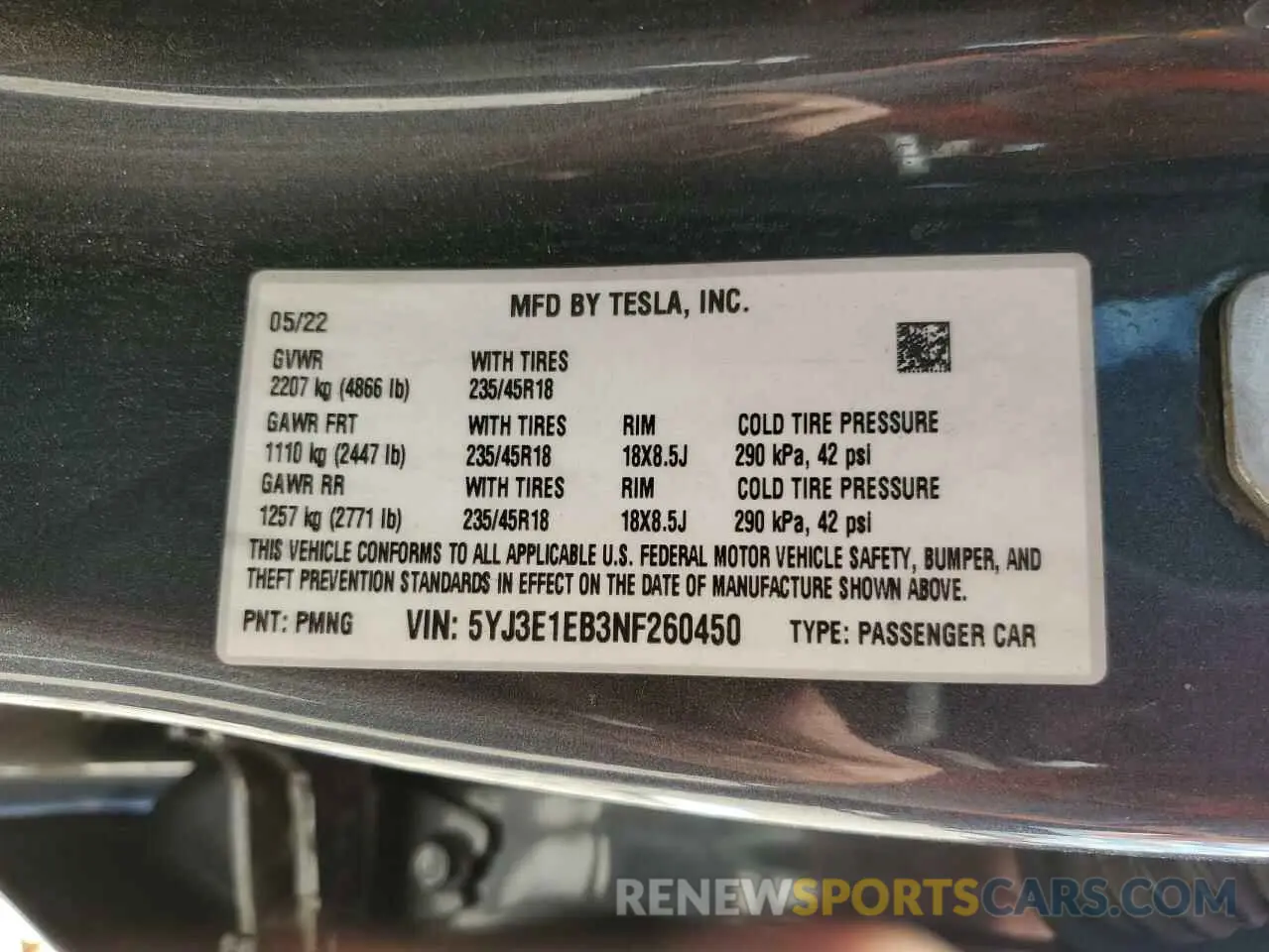 13 fotografías del automóvil dañado 5YJ3E1EB3NF260450 TESLA MODEL 3 2022