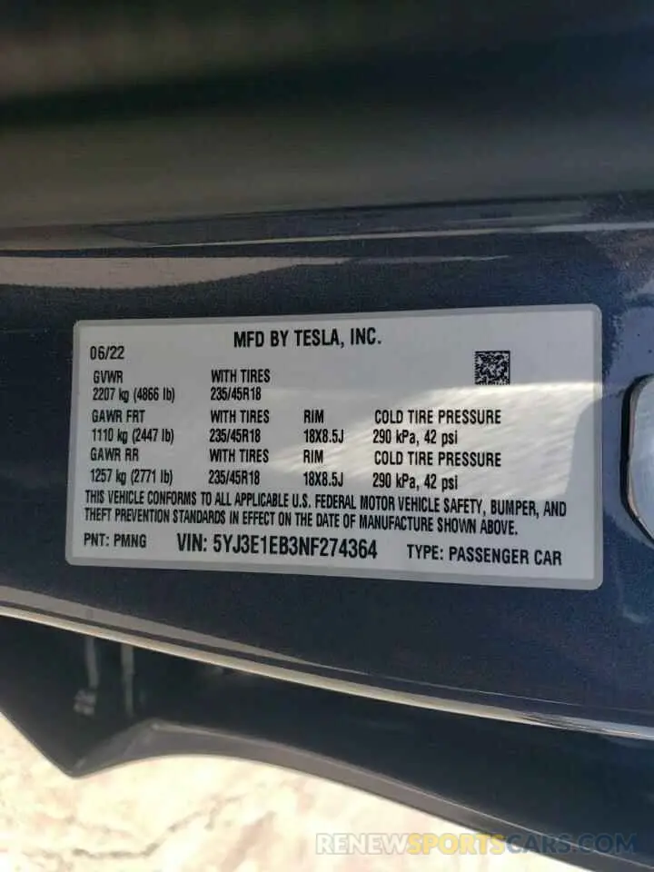 13 fotografías del automóvil dañado 5YJ3E1EB3NF274364 TESLA MODEL 3 2022