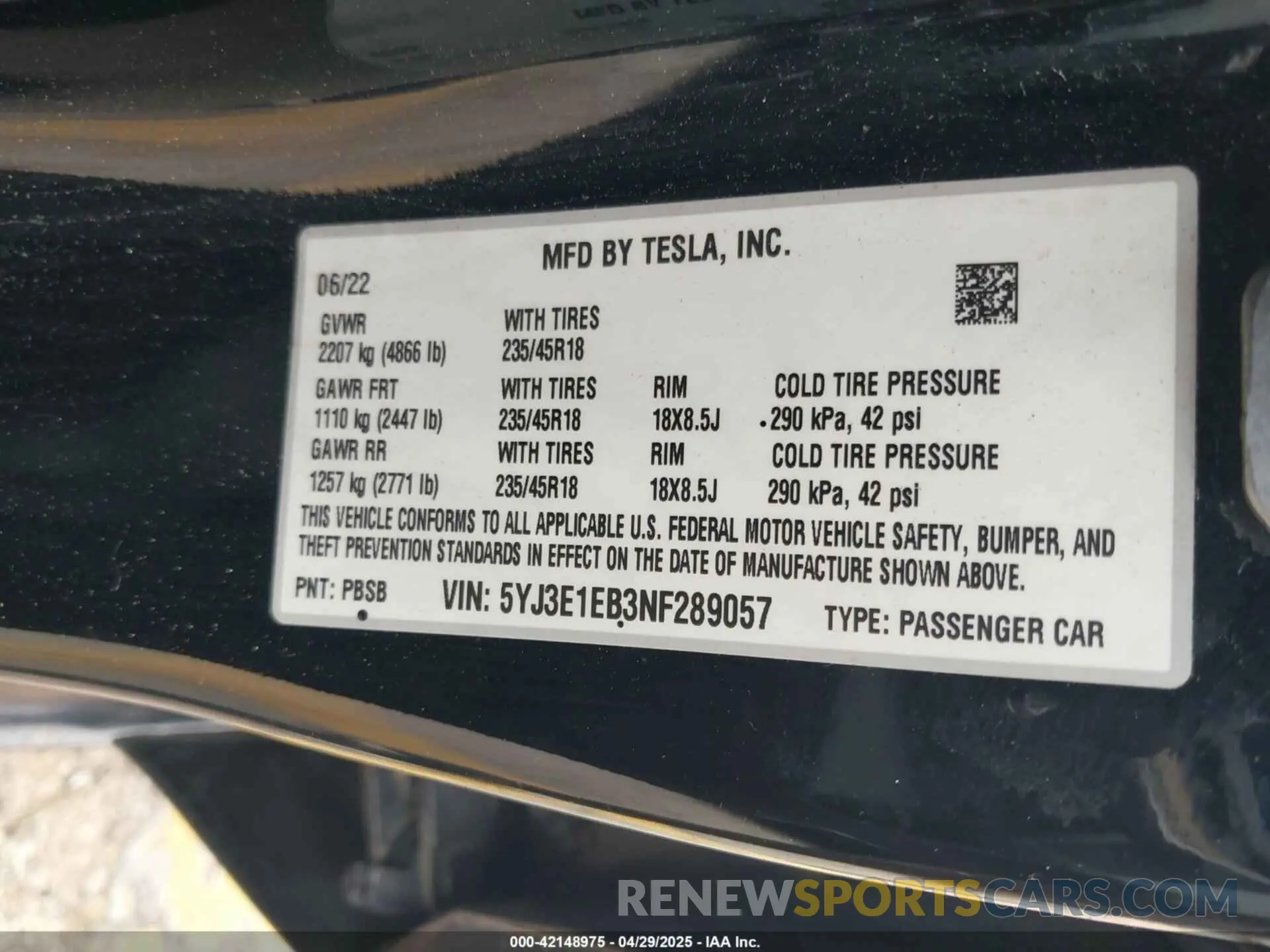 9 fotografías del automóvil dañado 5YJ3E1EB3NF289057 TESLA MODEL 3 2022