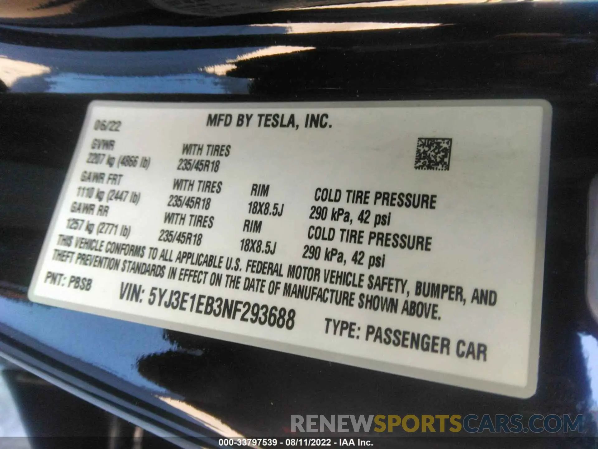 9 fotografías del automóvil dañado 5YJ3E1EB3NF293688 TESLA MODEL 3 2022