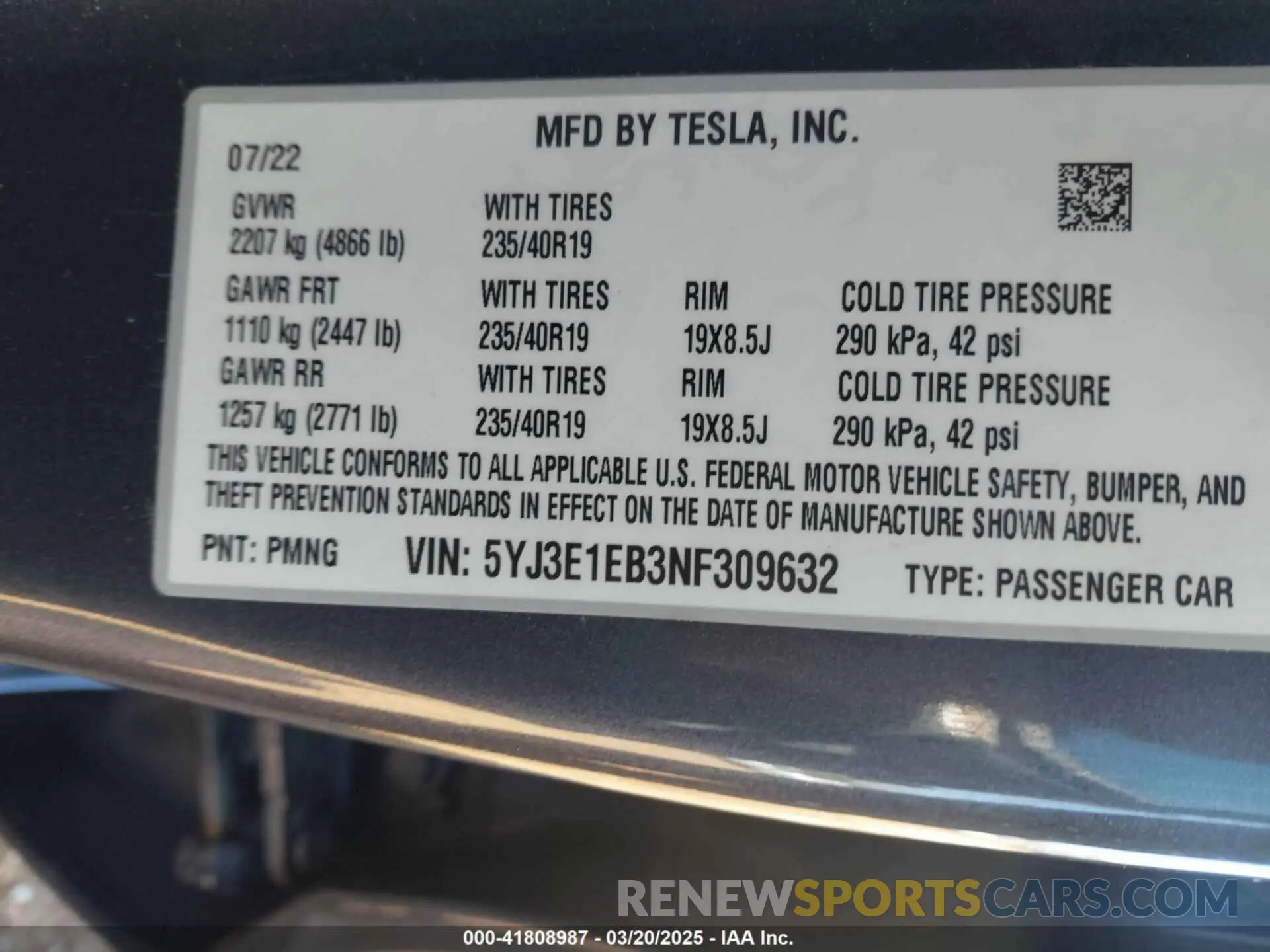 8 fotografías del automóvil dañado 5YJ3E1EB3NF309632 TESLA MODEL 3 2022