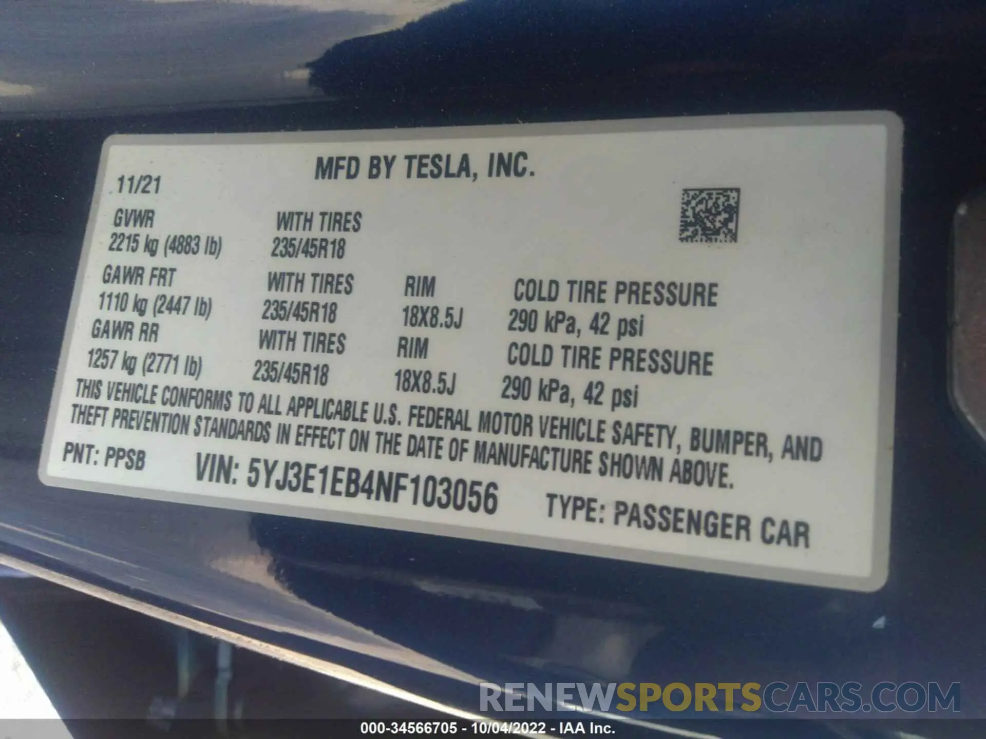 9 fotografías del automóvil dañado 5YJ3E1EB4NF103056 TESLA MODEL 3 2022