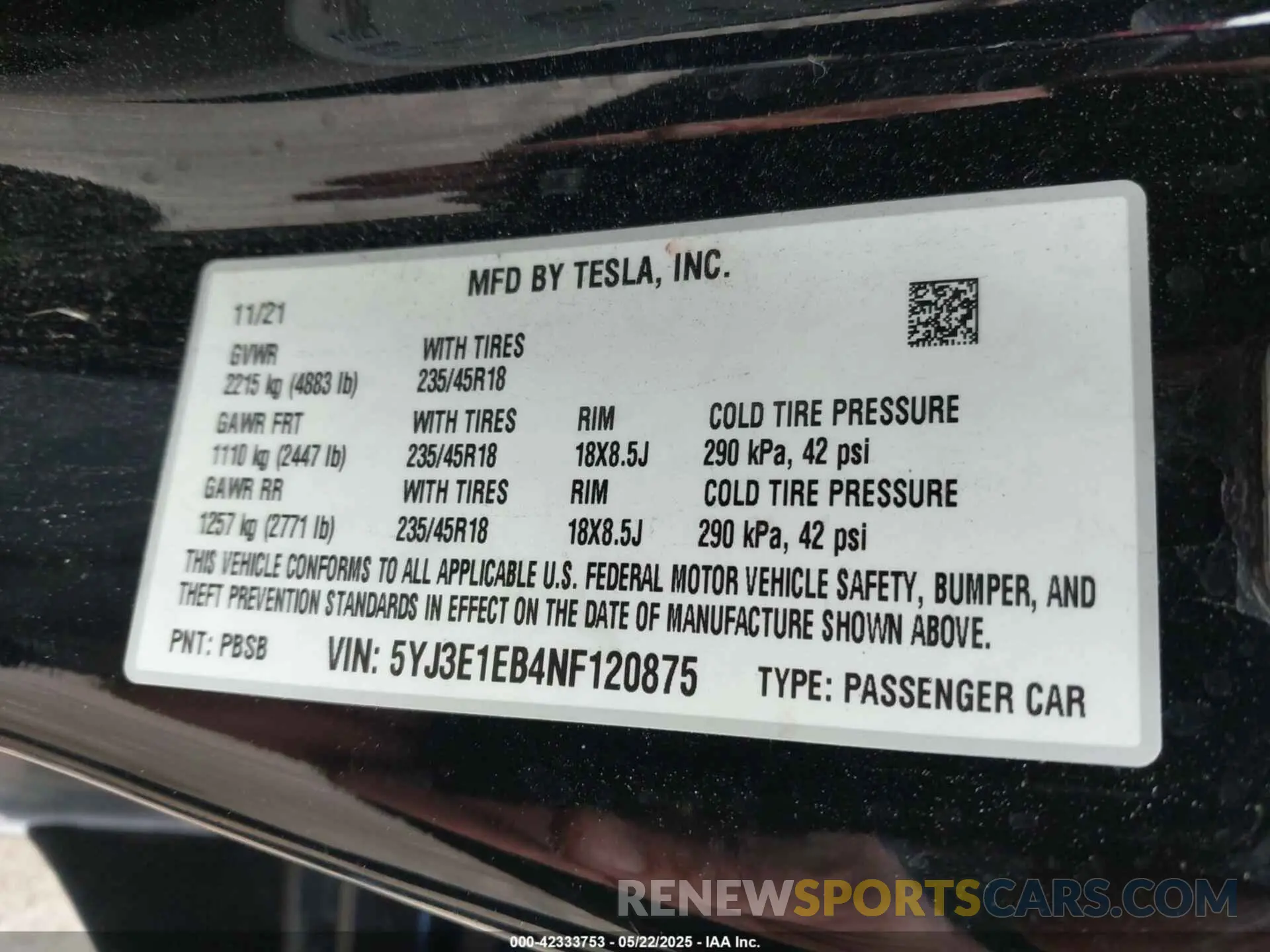 9 fotografías del automóvil dañado 5YJ3E1EB4NF120875 TESLA MODEL 3 2022