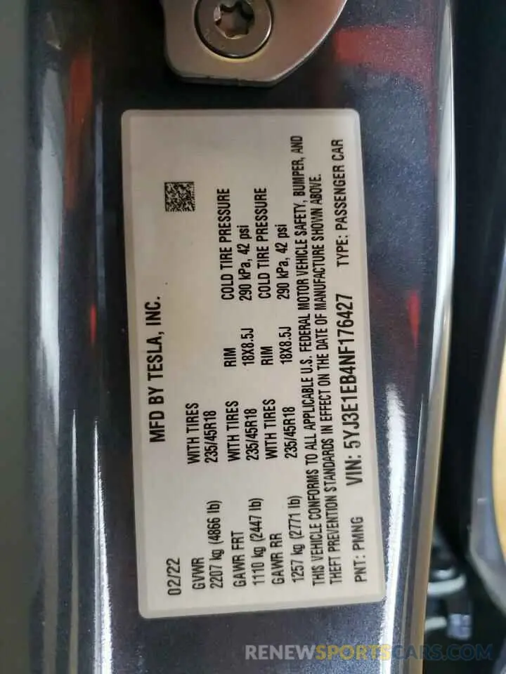 13 fotografías del automóvil dañado 5YJ3E1EB4NF176427 TESLA MODEL 3 2022