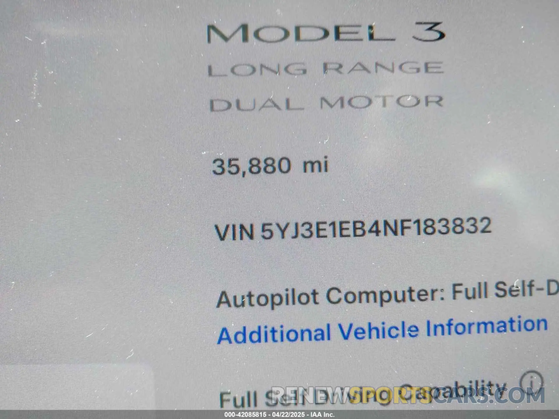 15 fotografías del automóvil dañado 5YJ3E1EB4NF183832 TESLA MODEL 3 2022