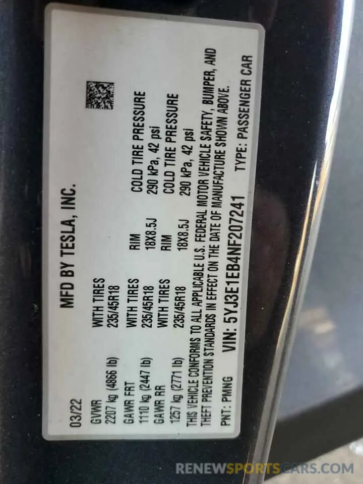 13 fotografías del automóvil dañado 5YJ3E1EB4NF207241 TESLA MODEL 3 2022