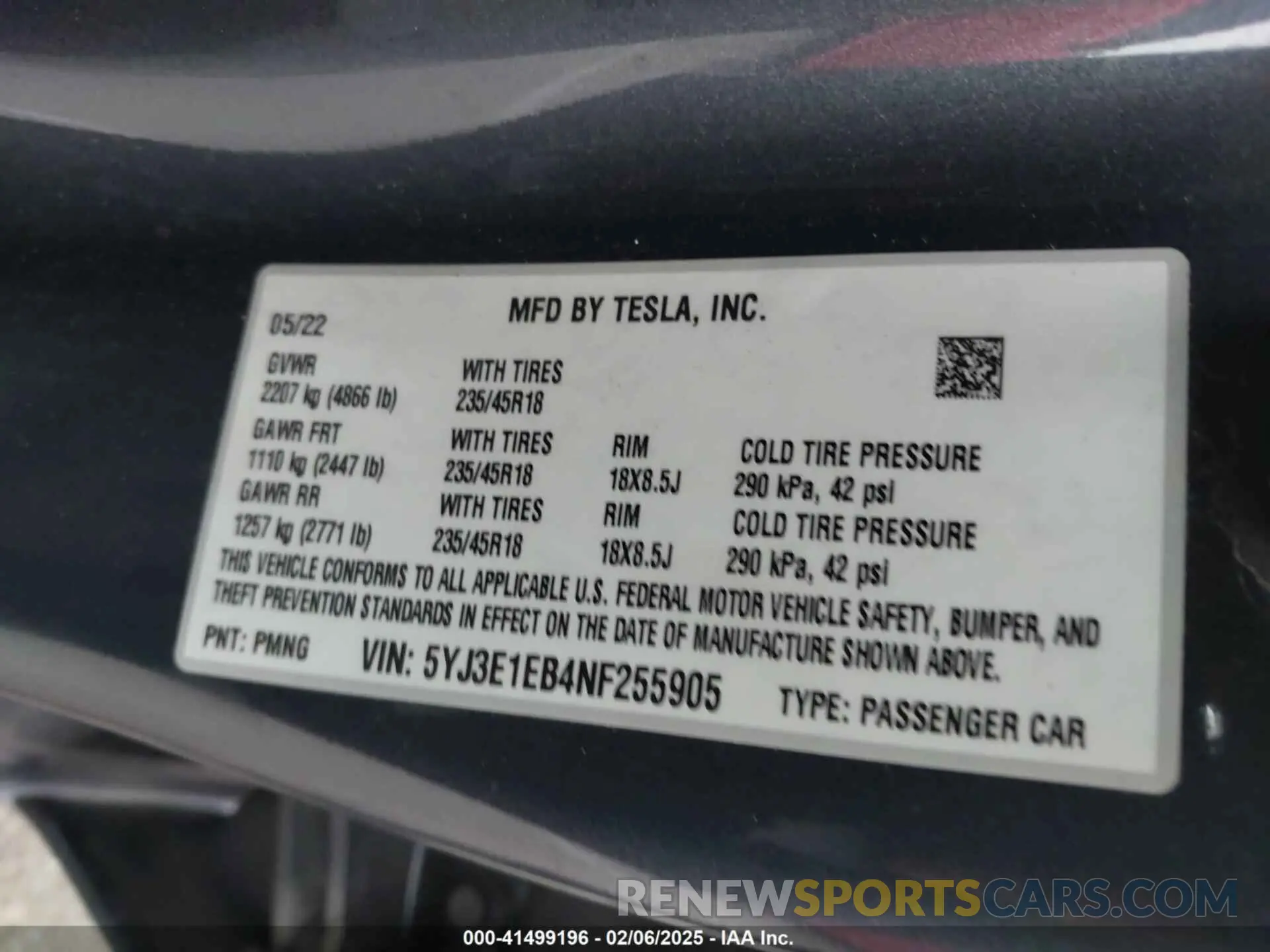 9 fotografías del automóvil dañado 5YJ3E1EB4NF255905 TESLA MODEL 3 2022