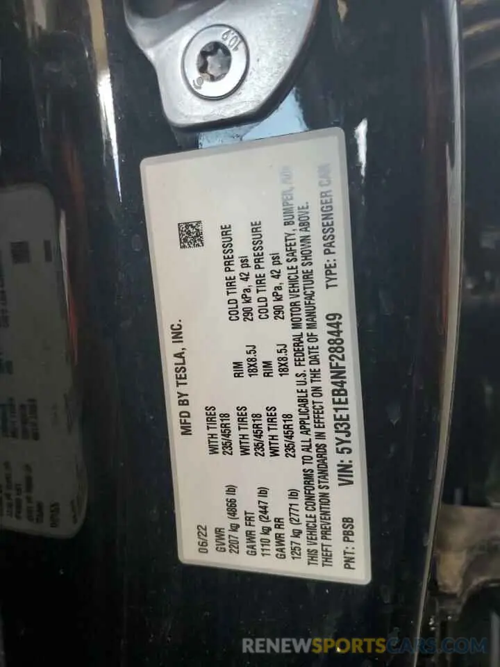 12 fotografías del automóvil dañado 5YJ3E1EB4NF288449 TESLA MODEL 3 2022