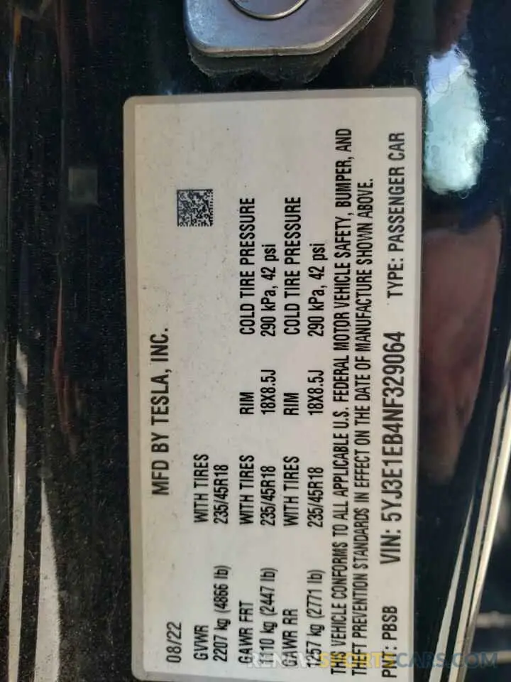 14 fotografías del automóvil dañado 5YJ3E1EB4NF329064 TESLA MODEL 3 2022