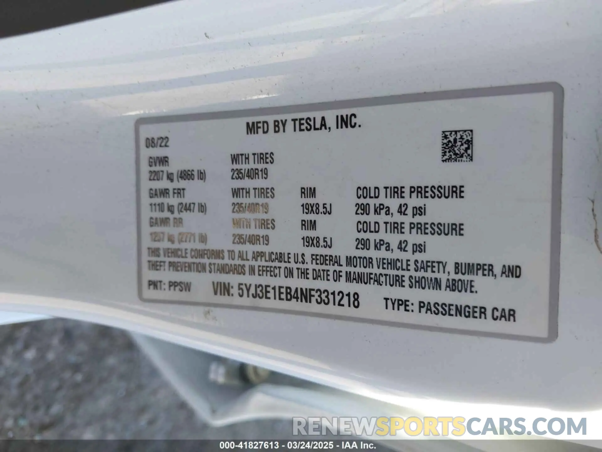 9 fotografías del automóvil dañado 5YJ3E1EB4NF331218 TESLA MODEL 3 2022