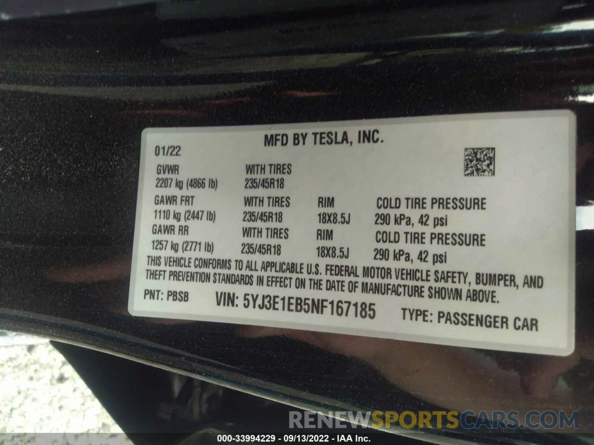 9 fotografías del automóvil dañado 5YJ3E1EB5NF167185 TESLA MODEL 3 2022