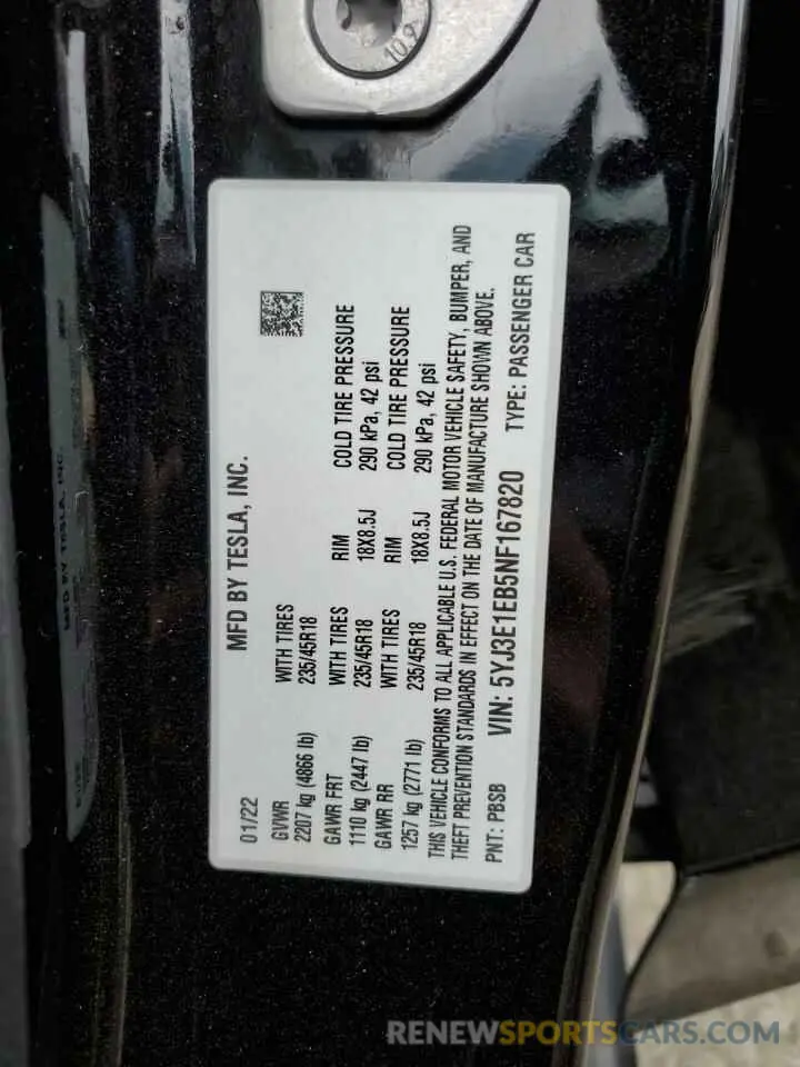 12 fotografías del automóvil dañado 5YJ3E1EB5NF167820 TESLA MODEL 3 2022