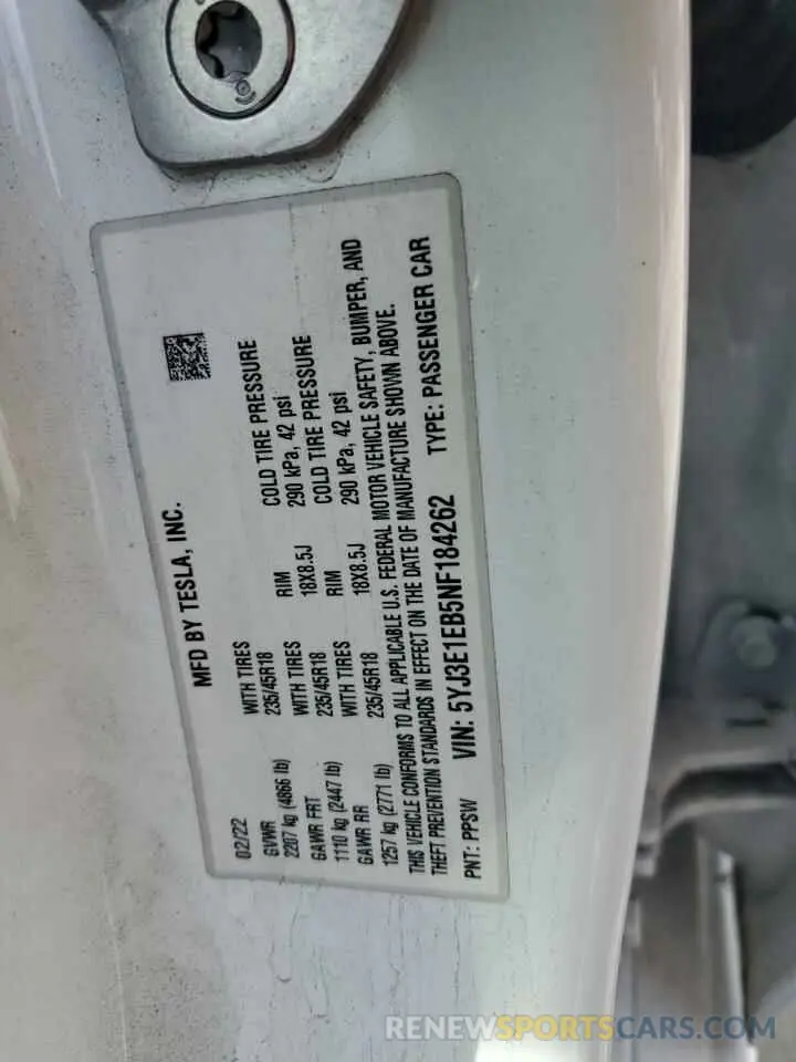 14 fotografías del automóvil dañado 5YJ3E1EB5NF184262 TESLA MODEL 3 2022